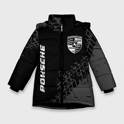Зимняя куртка для девочки Porsche speed на темном фоне со следами шин: надпи