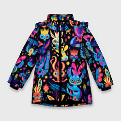 Куртка зимняя для девочки Космические монстрики, цвет: 3D-черный