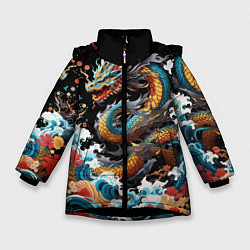 Зимняя куртка для девочки Дракон на волнах в японском стиле арт