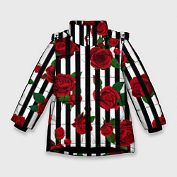 Куртка зимняя для девочки Полосы и красные розы, цвет: 3D-черный