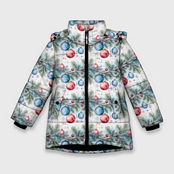 Куртка зимняя для девочки Узор из елочных шаров на ветке, цвет: 3D-черный