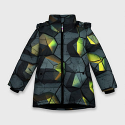 Куртка зимняя для девочки Черная текстура с зелеными камнями, цвет: 3D-черный