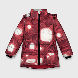 Куртка зимняя для девочки Красные Кибер схемы неон, цвет: 3D-красный