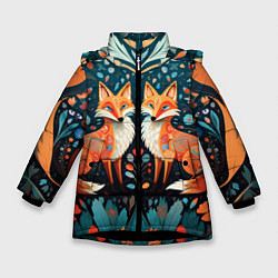 Куртка зимняя для девочки Две лисички в стиле фолк арт, цвет: 3D-черный
