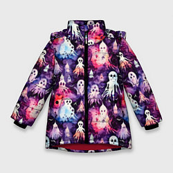 Куртка зимняя для девочки Хэллоуин Акварельные привидения, цвет: 3D-красный