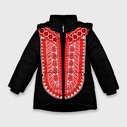 Куртка зимняя для девочки Красный орнамент в руском стиле, цвет: 3D-черный