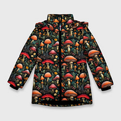 Куртка зимняя для девочки Сказочные грибы мухоморы паттерн, цвет: 3D-черный