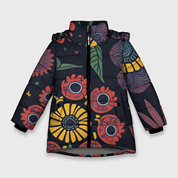 Куртка зимняя для девочки Простые цветы на глубоком синем, цвет: 3D-светло-серый