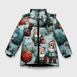 Куртка зимняя для девочки Рождественский узор с Санта Клаусами, цвет: 3D-черный