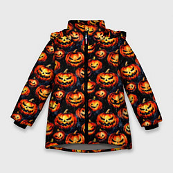 Куртка зимняя для девочки Весёлые тыквы на Хеллоуин паттерн, цвет: 3D-светло-серый