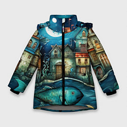 Куртка зимняя для девочки Сказочные рыбовы в стиле фолк-арт», цвет: 3D-светло-серый