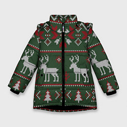 Куртка зимняя для девочки Скандинавские олени вязаные спицами, цвет: 3D-черный