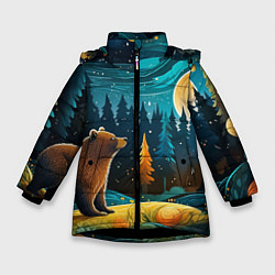 Куртка зимняя для девочки Хозяин тайги: медведь в лесу, цвет: 3D-черный