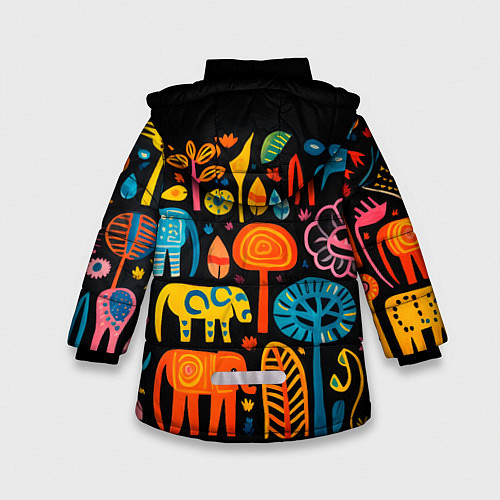 Зимняя куртка для девочки Африканский узор со слонами - нейросеть / 3D-Черный – фото 2
