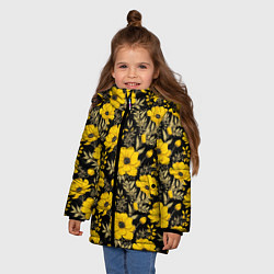 Куртка зимняя для девочки Желтые цветы на черном фоне паттерн, цвет: 3D-красный — фото 2