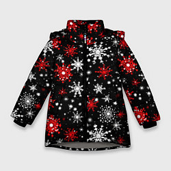 Зимняя куртка для девочки Белые и красные снежинки на черном фоне - нейросет
