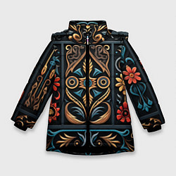 Куртка зимняя для девочки Узор с растительными элементами в славянском стиле, цвет: 3D-черный