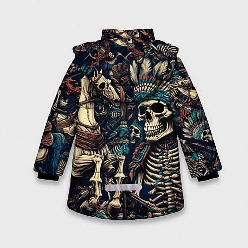 Зимняя куртка для девочки Татуировка скелета индейца и ковбоя в техасе / 3D-Черный – фото 2