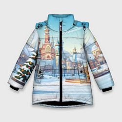 Куртка зимняя для девочки Новогодний городской пейзаж, цвет: 3D-черный