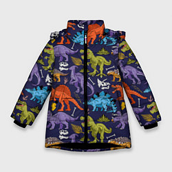 Куртка зимняя для девочки Мультяшные динозавры, цвет: 3D-черный