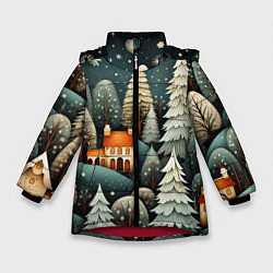 Куртка зимняя для девочки Ночной снегопад в лесу, цвет: 3D-красный