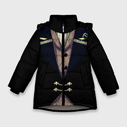 Куртка зимняя для девочки Фрак тёмный с цепочками и брошью, цвет: 3D-светло-серый