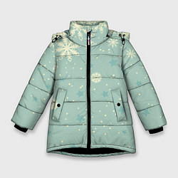 Куртка зимняя для девочки Снежинки и звезды на матно зеленем, цвет: 3D-черный