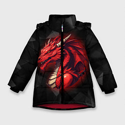 Куртка зимняя для девочки Красный дракон на полигональном черном фоне, цвет: 3D-красный