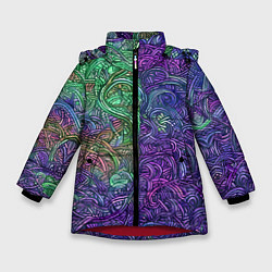 Зимняя куртка для девочки Вьющийся узор фиолетовый и зелёный
