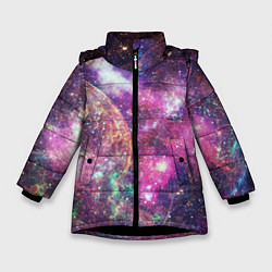 Куртка зимняя для девочки Пурпурные космические туманности со звездами, цвет: 3D-черный