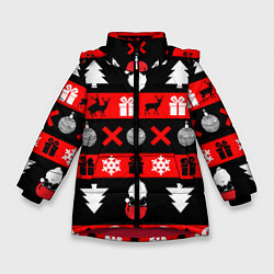 Куртка зимняя для девочки Новогодний патерн с оленями и сантой, цвет: 3D-красный