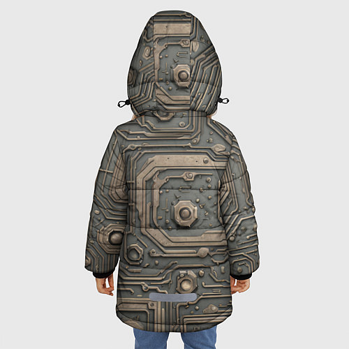 Зимняя куртка для девочки Металлическая ржавая обшивка с микросхемами и гайк / 3D-Красный – фото 4