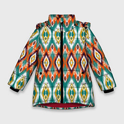 Куртка зимняя для девочки Орнамент икат - имитация аткласной ткани, цвет: 3D-красный