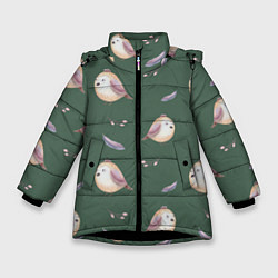 Куртка зимняя для девочки Птички и перышки на зеленом, цвет: 3D-черный