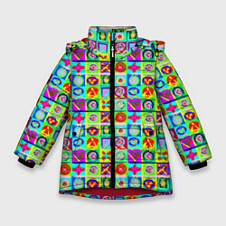 Куртка зимняя для девочки Сердца и квадраты абстракция, цвет: 3D-красный