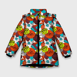 Куртка зимняя для девочки Цветочное разноцветье, цвет: 3D-черный