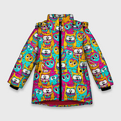 Куртка зимняя для девочки Разноцветные совы, цвет: 3D-красный