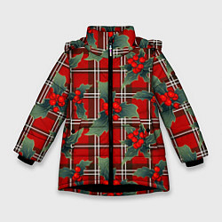 Куртка зимняя для девочки Остролист на красной шотландке, цвет: 3D-черный