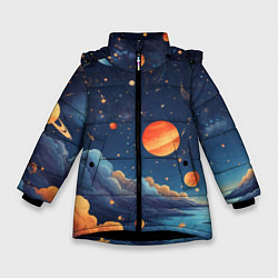 Куртка зимняя для девочки Нарисованный космос, цвет: 3D-черный