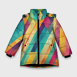 Куртка зимняя для девочки Цветные диагональные полосы, цвет: 3D-черный