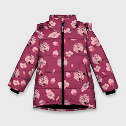 Куртка зимняя для девочки Сакура цветы и бутоны паттерны, цвет: 3D-черный
