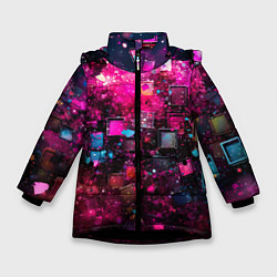 Куртка зимняя для девочки Летящие абстрактные кубики, цвет: 3D-черный