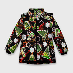 Куртка зимняя для девочки Ёлочные игрушки и ёлки, цвет: 3D-черный