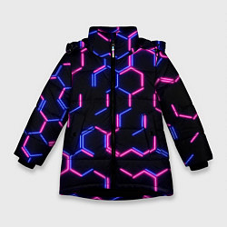 Куртка зимняя для девочки Сине-розовые неоновые неполные гексагоны, цвет: 3D-черный