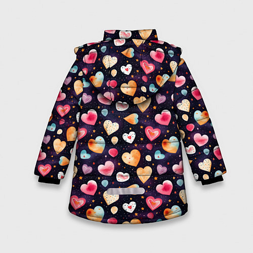 Зимняя куртка для девочки Паттерн с сердечками на Валентинов день / 3D-Черный – фото 2