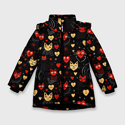 Куртка зимняя для девочки Паттерн с сердечками и котами валентинка, цвет: 3D-черный