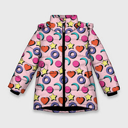 Куртка зимняя для девочки Современный узор с сердечной звездой и кругом, цвет: 3D-черный