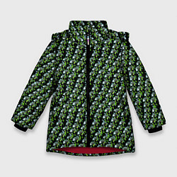 Зимняя куртка для девочки Зелёные черепа на чёрном фоне