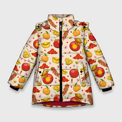 Куртка зимняя для девочки Символы богатства в паттерне, цвет: 3D-красный
