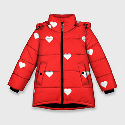Зимняя куртка для девочки Белые сердца на красном фоне